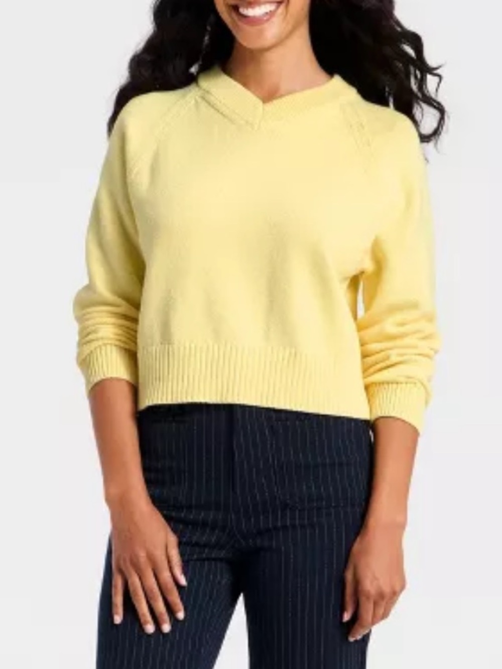a New Day Light Yellow Long Sleeve High V-Neck Pullover Sweater